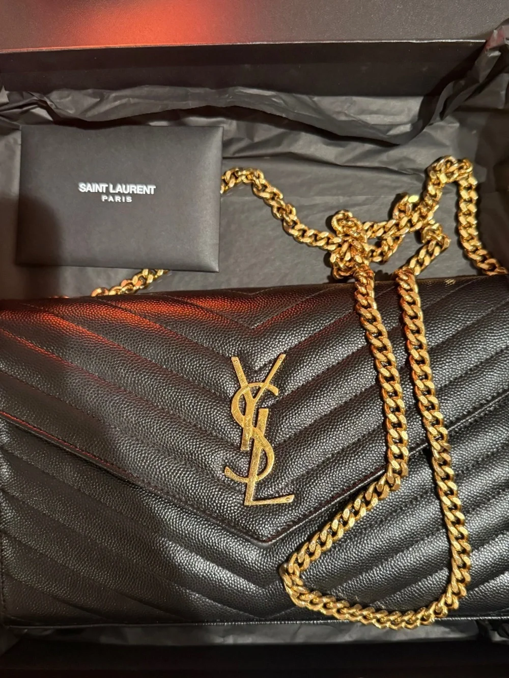 Saint Laurent YSL Large Wallet On Chain Black Gold WOC Envelope Full Set Excelle - Picture 1 of 4
